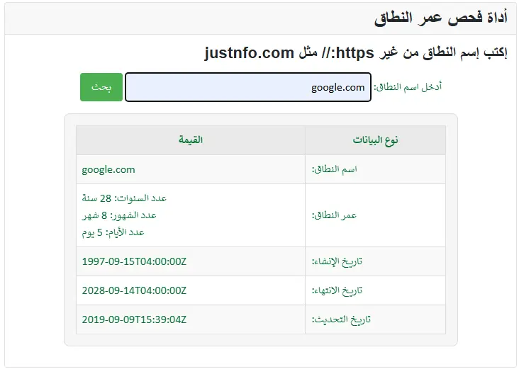 عرض تفاصيل عمر النطاق باللغة العربية